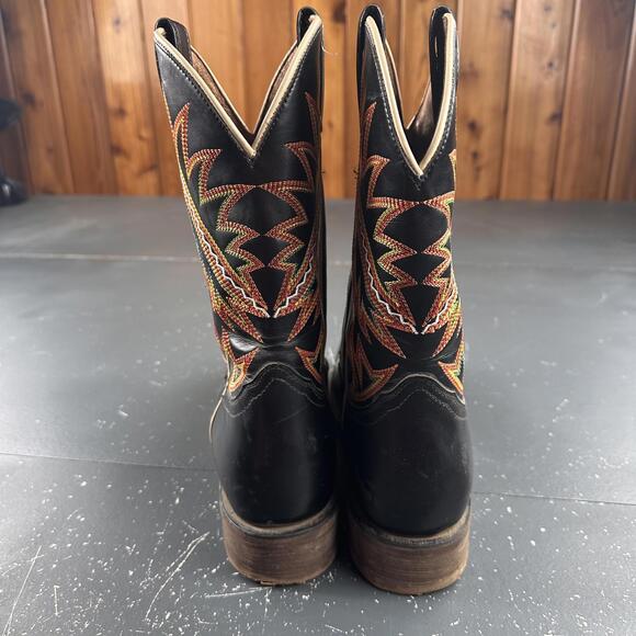 Nocona Western Boots Mens 9D Black Cowboy Leather Orange Red Feather Embroidery - Picture 5 of 9